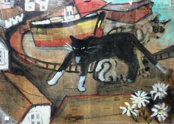 Fay Pearce (exh.1923-1940), Cats by the shore, watercolour and gouache on newsprint, signed and dated '42, 59cm x 82cm. Provenance; Property from Prud