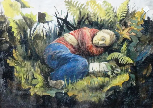 British School (20th century), A figure curled up in the undergrowth, gouache over pencil, 42cm x 58cm. Provenance; Property from Prudence and the lat