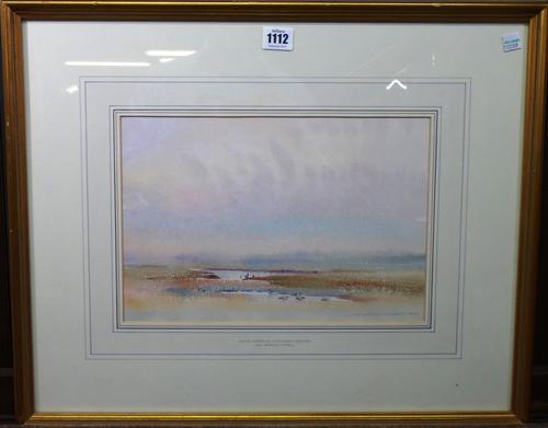Ian Armour-Chelu (1928-2000), Early morning, Shelduck feeding; Sea mist coming in over *** Head; Wangford Church on a showery day, three watercolours,