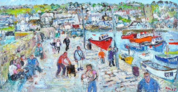 Linda Weir (b.1951), Harbour Life, St Ives, oil on canvas, signed with initials and dated 13, 39.5cm x 73.5cm. DDS Illustrated