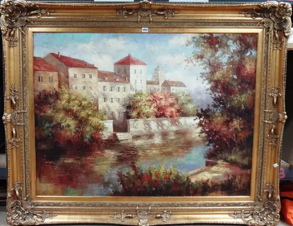 Continental School (late 20th century), Continental river scenes, a pair, oil on canvas, each 90cm x 121cm.(2)