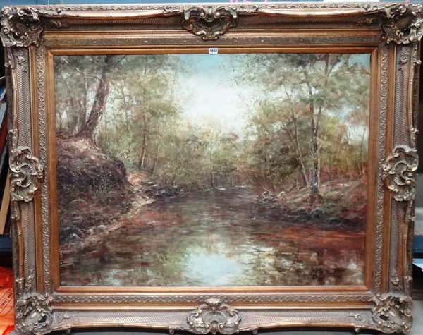 Continental School (late 20th century), Wooded river scenes, a pair, oil on canvas, each 91cm x 121cm.(2)