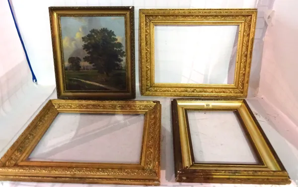 A pair of 19th century gilt framed rectangular picture frames, 51cm wide x 41cm high, a similar smaller and an oil on canvas of a landscape, (4).   S1