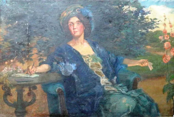 William Edward Frank Britten (1848-1916), A lady seated in a garden, oil on canvas, signed and dated 1914, 52cm x 78cm. Provenance; Property from Prud