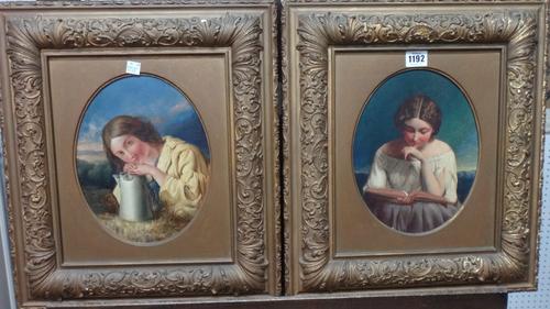 Follower of John Linnell, Study of a girl with a milk pail; Study of a girl reading, a pair, oil on panel, oval, each 24cm x 19cm.(2)