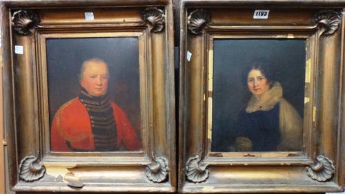 English School (19th century), Portrait of a lady; Portrait of a gentleman, in officer's uniform, a pair, oil on board, each 27cm x 20.5cm, (2). Prove