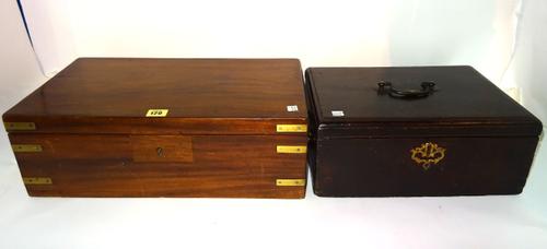 An early 20th century mahogany and brass bound writing slope 48cm wide x 16cm high and an early 20th century oak lift top box, 36cm wide x 15cm high.