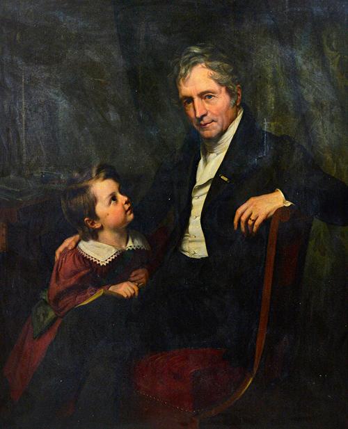 Continental School (early 19th century), Portrait of Hanns Ludwig Valeridin and his son, oil on canvas, extensively inscribed on reverse, 123cm x 100c