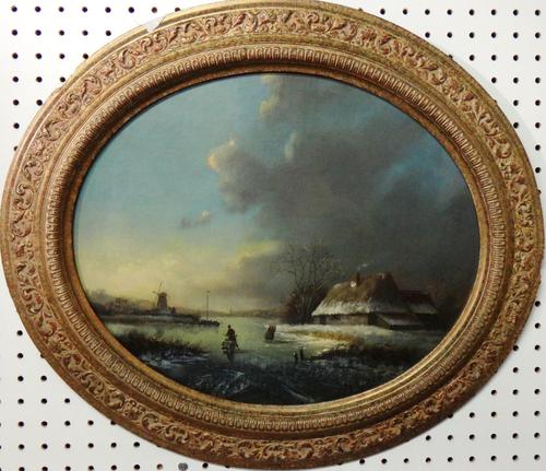 Follower of Jan Jacob Coenraad Spohler, Figures on a frozen river, oil on panel, bears a signature, oval, 36cm x 44cm.  Aftersale