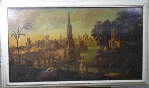 Continental School (18th/19th century), A riverside city, oil on panel, 68cm x 125cm. 4324