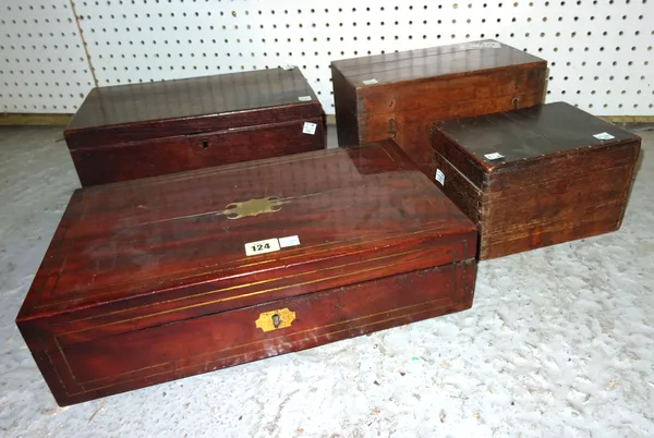 A 20th century mahogany and brass strung writing slope, 40cm wide x 12cm high and a group of three early 20th century oak lift top boxes, (4).  BAY 1