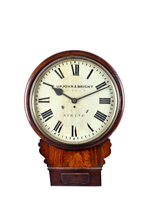 Upjohn & Bright, 15 King William Street, Strand; an early 19th century mahogany cased, 16 inch drop dial clock, single train fusee movement. 68cm high