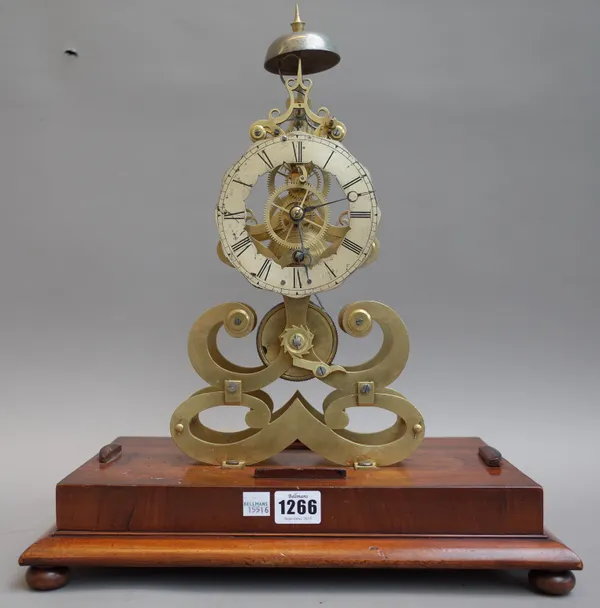 A brass skeleton mantel clock, 20th century of typical open frame form, with bell surmount, silvered chapter ring and a single chain driven movement,