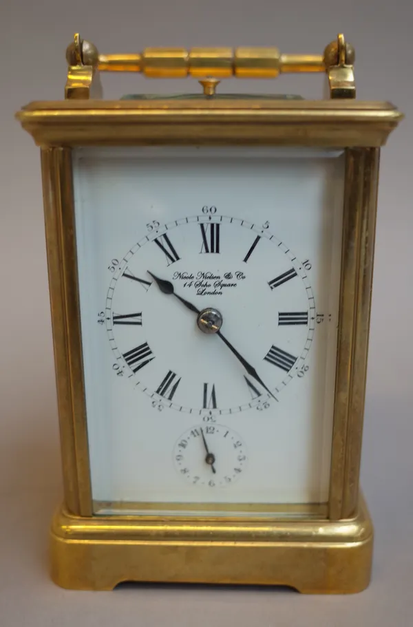 A French brass cased grande sonnerie carriage clock, late 19th century (later enamel dial), with two train movement and sonnerie adjustment to base, (
