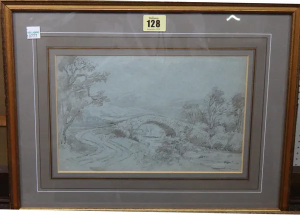 English School (early 19th century), A stone bridge in a landscape, pencil and sepia wash on grey paper, 17cm x 27cm.  G1 4308