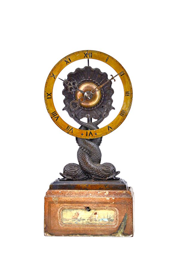 A continental bronze mantel clock, 19th century, the gilt chapter ring centred with a relief cast shell, held aloft by two entwined mythological dolph