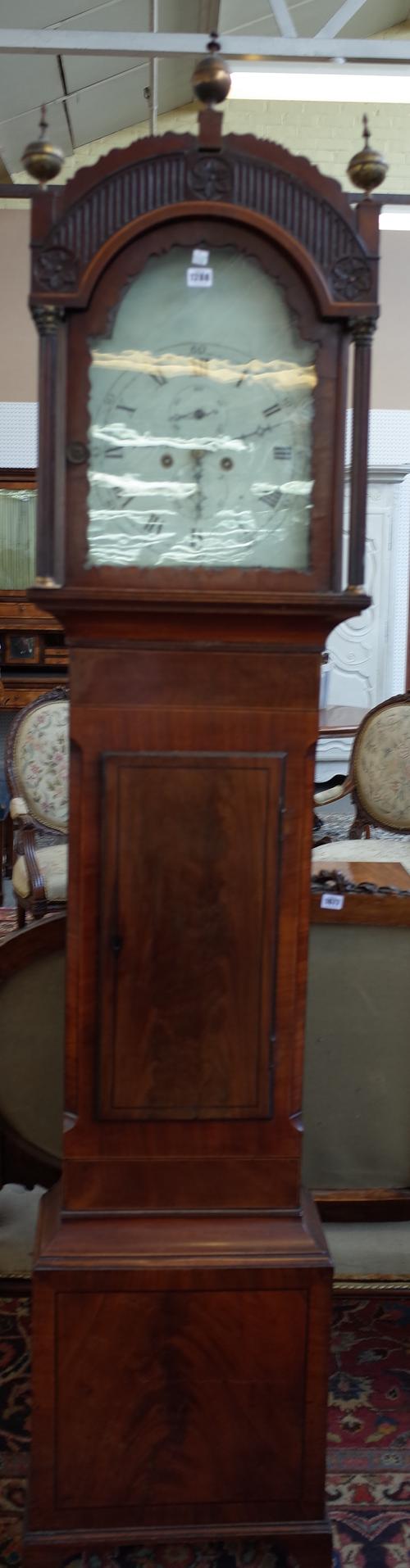 Harris & Sons, Bath; an early 19th century mahogany 8 day long case clock, signed arched dial with twin subsidiary dials over a line inlaid waisted ca