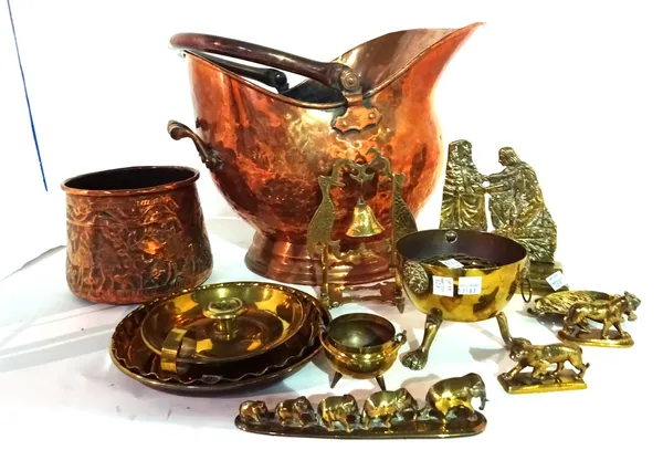 Copper and brass, including; a coal scuttle, trays, bowls, scales and sundry, (qty).  S4B