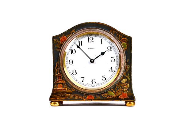 A French chinoiserie decorated 8 day mantel clock, gilt blue against an arch topped body, with enamel dial and Bayard movement, 13cm high. Illustrated