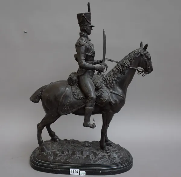 J. R Skeaping (British 1901-1980), a bronze model of a French light cavalry mounted Hussar in Totenkopf uniform, on a naturalistic rocky base and step