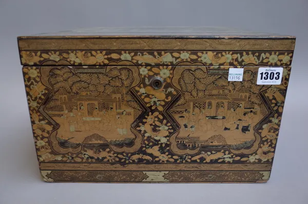 A Japanese chinoiserie decorated tea chest, late 19th century, with lead lined interior, 35cm wide.