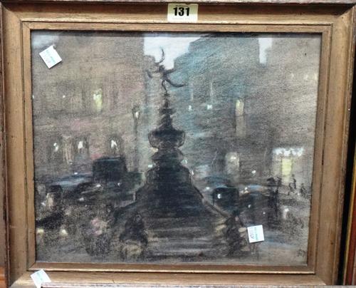 A pastel view of Piccadilly Circus, together with a landscape at dusk by John Halliday, the larger 24.5cm x 30cm, (2). Provenance; Property from Prude