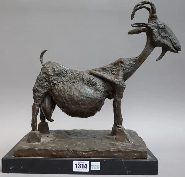 A late 20th century patinated bronze model of a goat, unsigned, on a black polished marble rectangular plinth, goat 33cm high.