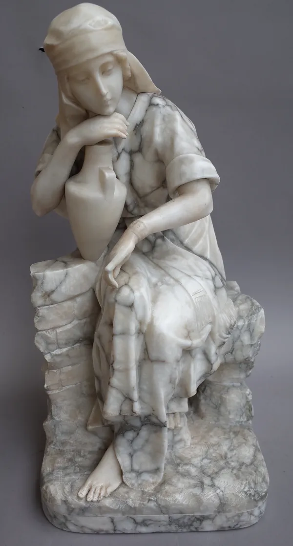 Workshop of Guglielmo Pugi (Italian 1850-1915); an early 20th century carved white and veined alabaster figure of 'Rebecca at the well' raised on a na