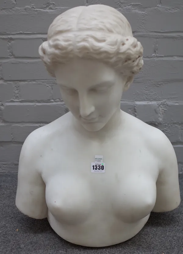 A Victorian style white marble bust of a classical female, modern, unsigned, 52cm high.