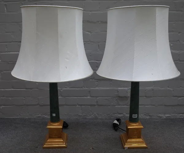 A pair of Victorian style green faux marble and gilt metal mounted table lamps, modern by L'Originale of Italy, of Corinthian column form, each with c