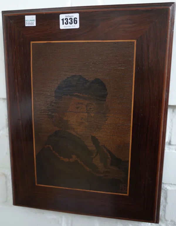A micromosaic wooden plaque, early 20th century, depicting a bust of a Rembrandt, signed 'MB' in a rosewood frame (37cm x 28.5cm) and a silver plated