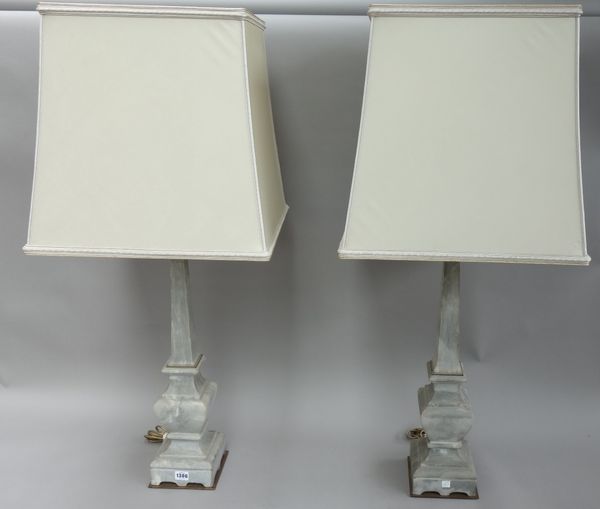 A pair of modern grey hardstone and brass table lamps, of tapering square sectional form, with shades, 103cm high overall, (2).