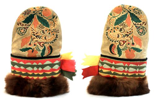 A pair of North American foliate embroidered moose hair and leather gloves, Huron late 19th century, with coloured silk banding, (2). Illustrated