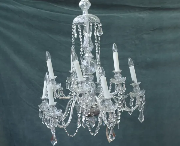A pair of modern ten branch glass chandeliers, each shaped baluster stem issuing ten swan neck arms graduated over two tiers and united by bead chains