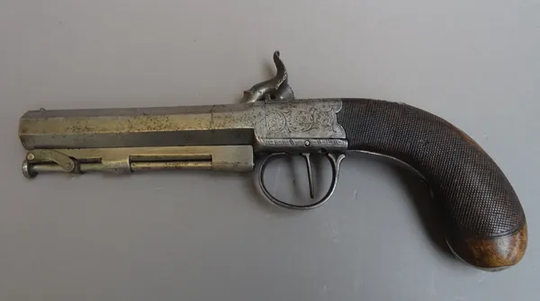 A 19th century percussion pistol by Gasquoine & Dyson, with octagonal steel barrel, under lever ramrod, foliate engraved lockplate and a one piece che