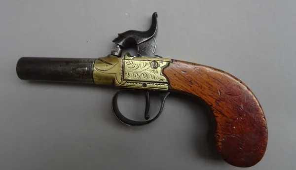 An English turn off barrel percusson pocket pistol, circa 1840, with mahogany handle, foliate engraved brass lock with steel barrel,  16cm overall