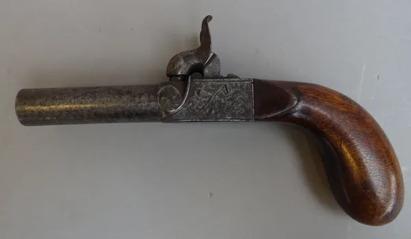 A 54 bore percussion side-by-side double barrelled pocket pistol, unsigned, no visible serial number, Belgian, circa 1840, with false damascened round