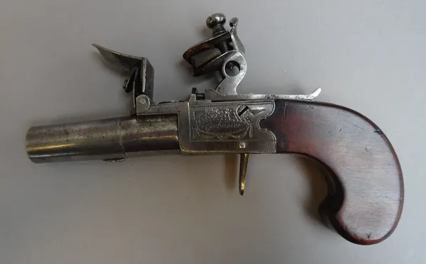 A French flintlock pocket pistol by 'Corbusier', late 18th century, with twist off circular tapering steel barrel, foliate engraved lockplate with mak