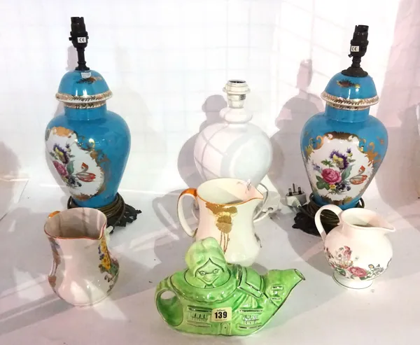 Ceramics, including; a pair of blue porcelain table lamps decorated with flowers, a tea pot modelled as an old lady in a shoe and sundry, (qty).  S3T