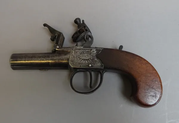 A flintlock boxlock pistol by 'Oakes of Horsham'. circa 1815, with twist off circular tapering steel barrel, engraved lockplate and a one piece wooden
