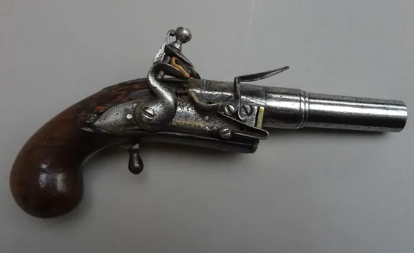 A late 18th century 'Powell' flintlock Cannon barrel pistol, .50 bore, with traces of engraving and proof stamps, early banana shape lockplate marked