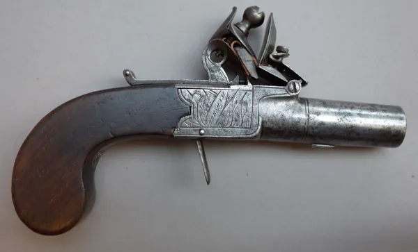 An early 19th century flintlock boxlock pistol by 'Oakes of Horsham' with twist off circular tapering steel barrel, engraved lockplate, concealed trig