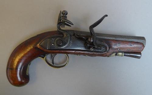 A Flintlock travelling pistol by P. Bond, circa 1800, swamped octagonal barrel 4", signed stepped lock, roller bearing frizzen spring, engraved brass