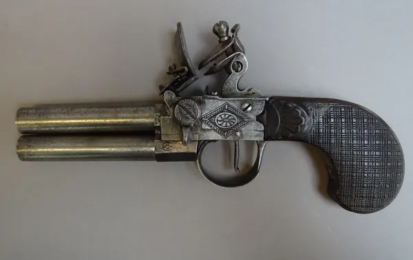 A Continental over and under flintlock pistol, circa 1790, with circular steel twist off barrels, engraved lockplate, stamped 'E L G' and a one piece