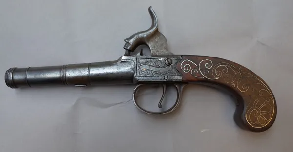 A Queen Anne style cannon barrelled percussion pocket pistol, circa 1775, converted from flintlock, with twist off circular steel barrel, foliate engr