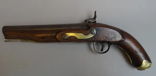 A British 1796 pattern heavy Dragoon pistol, converted to percussion by Blake & Co, London, with circular steel barrel, ramrod, plain lockplate and br