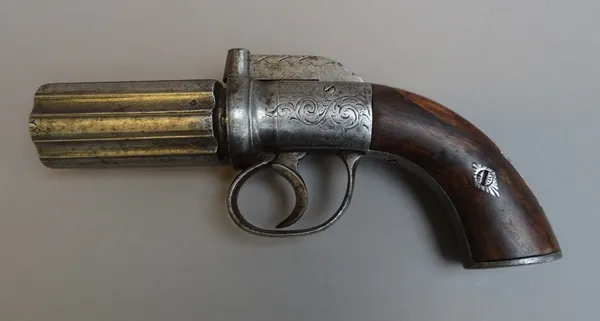 A 19th century six shot pepperpot pistol, with fluted barrel, foliate engraved lockplate and two piece walnut grip, 20.5cm overall.