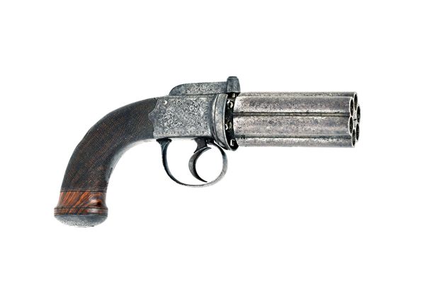 A six shot pepperbox percussion revolver by W Dooley, early mid-19th century, multi-barrel section, self cocking hammer and action with foliate scroll
