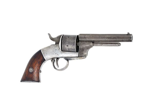 A .32 calibre Bacon MFG. Co. six shot rim fire revolver, circa 1860, the octagonal barrel indistinctly engraved to the top, removable trigger guard, f