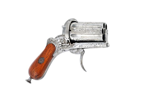 A Lefauchaux system six shot pepper box revolver, circa 1855, with all over foliate engraving, folding trigger and two piece walnut grip, 14cm overall